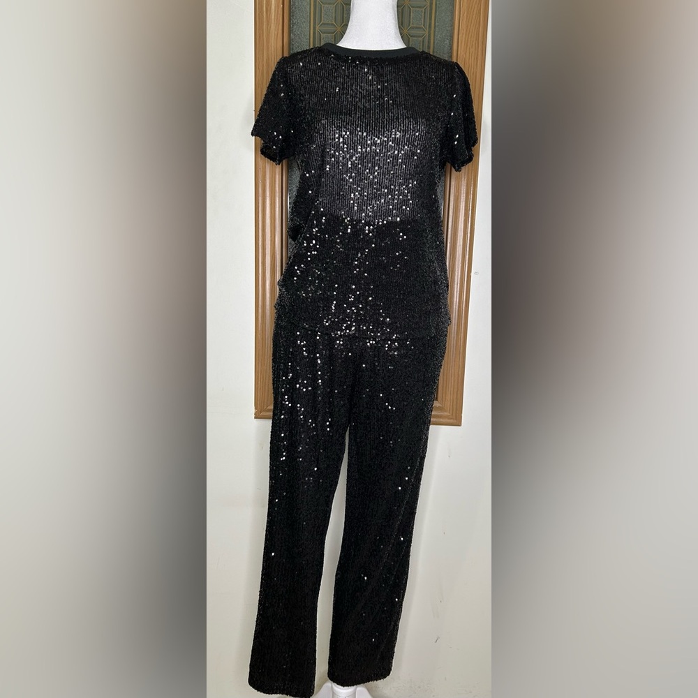 Black sequin cropped high waist pants and top bundle M-L